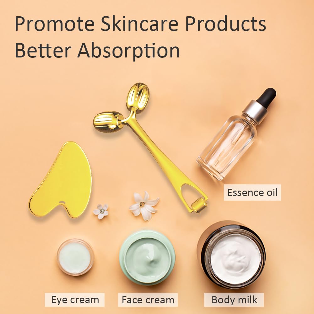 Gua Sha Facial Tools and Face Roller Set, Facial Massage Tool for Women’s Skincare Routine,Cooling Stainless Steel Face Sculpting Eyes Roller Guasha for Daily Use or Self-Care Gift for Women