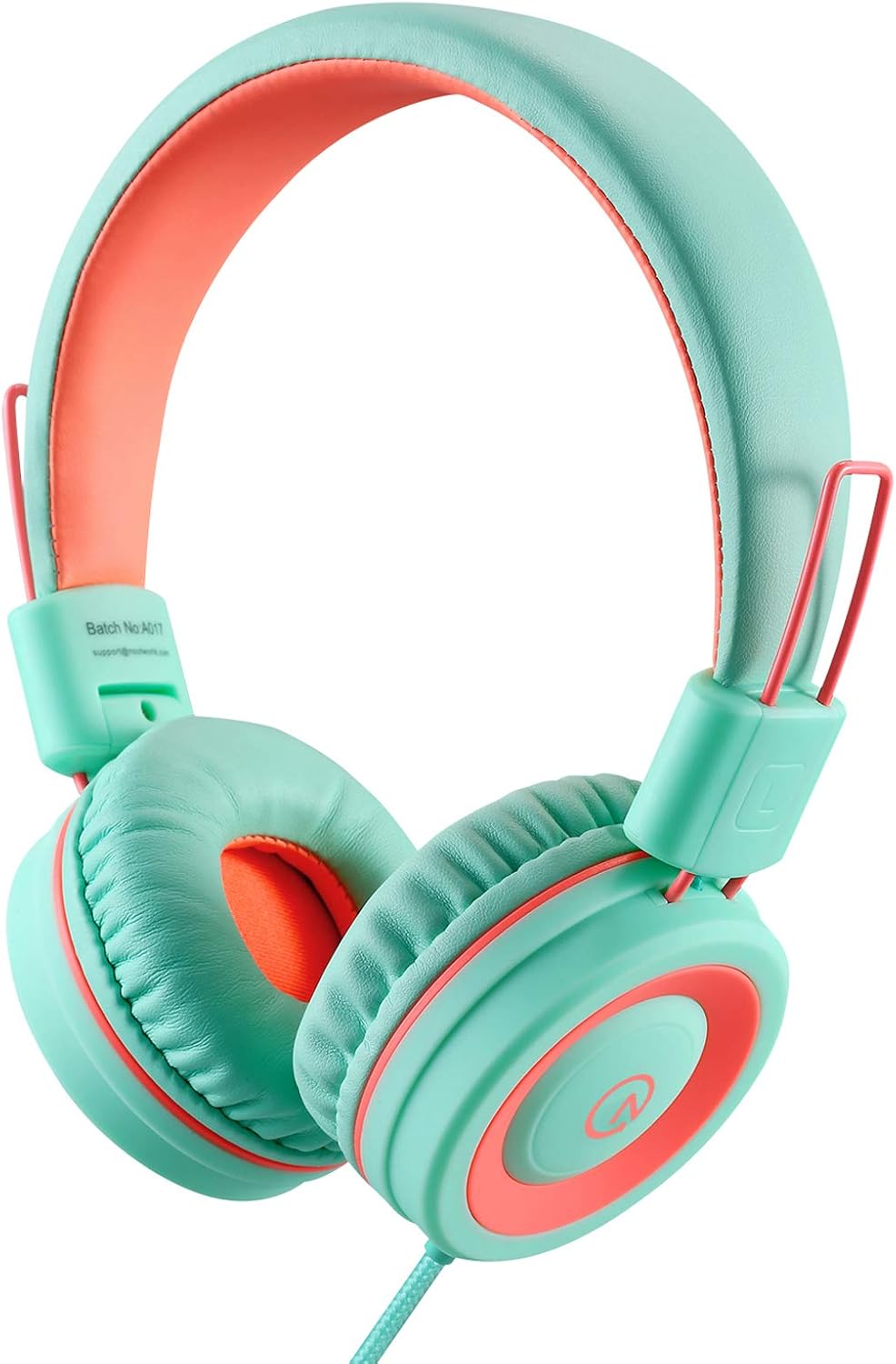 Kids Headphones K11 Foldable Stereo Tangle-Free 5ft Long Cord 3.5mm Jack Plug in Wired On-Ear Headset for iPad/Amazon Kindle,Fire/Boys/Girls/School/Tablet/Laptop(Mint/Coral)