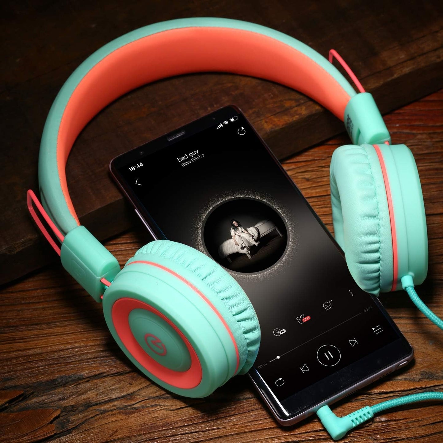 Kids Headphones K11 Foldable Stereo Tangle-Free 5ft Long Cord 3.5mm Jack Plug in Wired On-Ear Headset for iPad/Amazon Kindle,Fire/Boys/Girls/School/Tablet/Laptop(Mint/Coral)