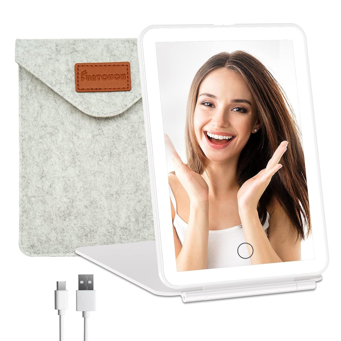 Rechargeable Travel Makeup Vanity Mirror with 72 LED Lights, Portable Lighted Beauty Mirror, 3 Lighting Modes, Dimmable Touch Screen, Tabletop Folding Cosmetic Mirror with Storage Bag