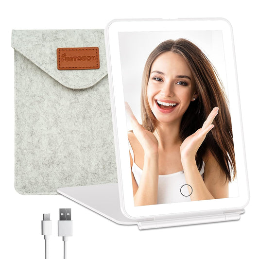 Rechargeable Travel Makeup Vanity Mirror with 72 LED Lights, Portable Lighted Beauty Mirror, 3 Lighting Modes, Dimmable Touch Screen, Tabletop Folding Cosmetic Mirror with Storage Bag